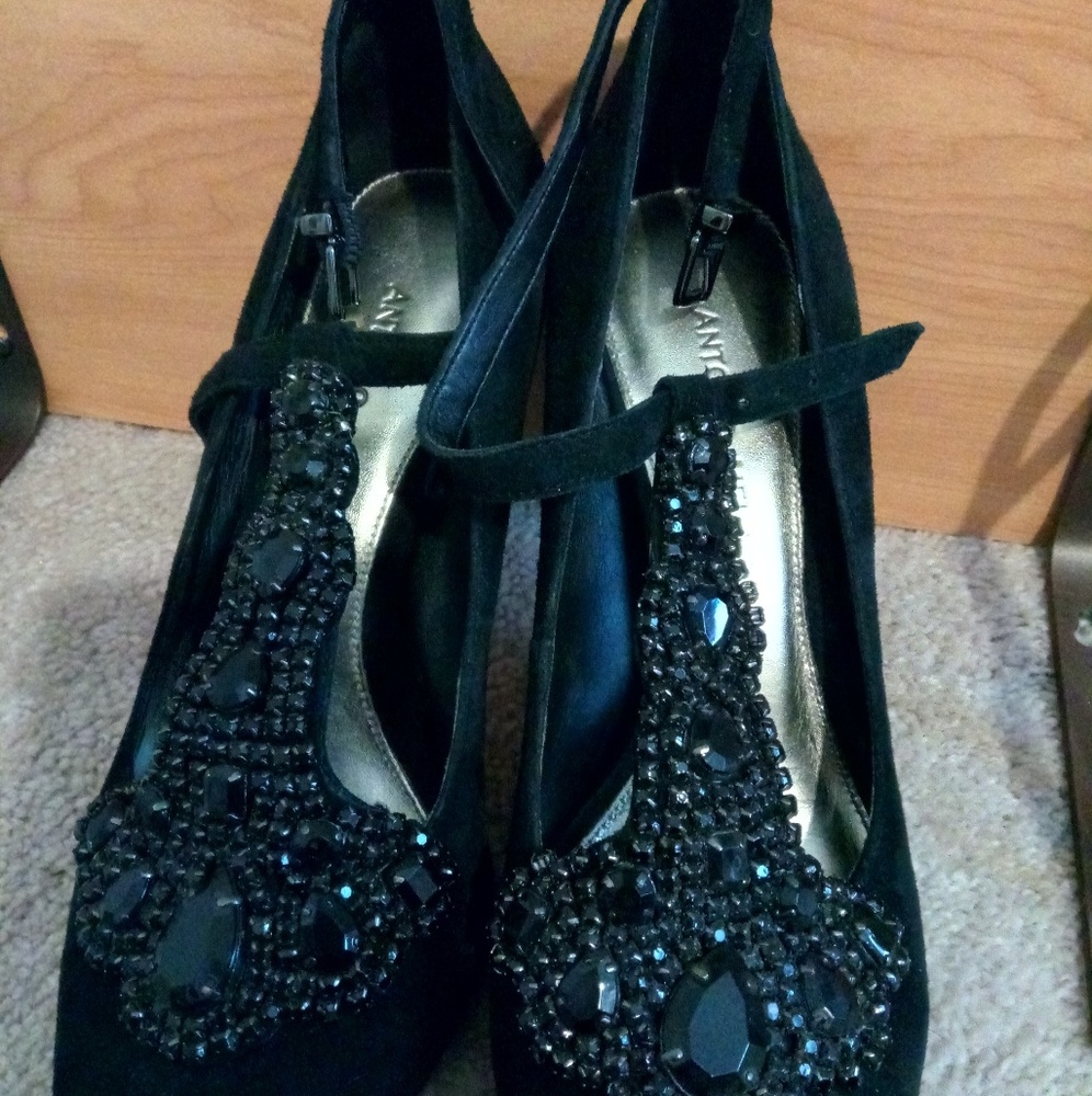 Antonio Melani black suede and gem T strap heels